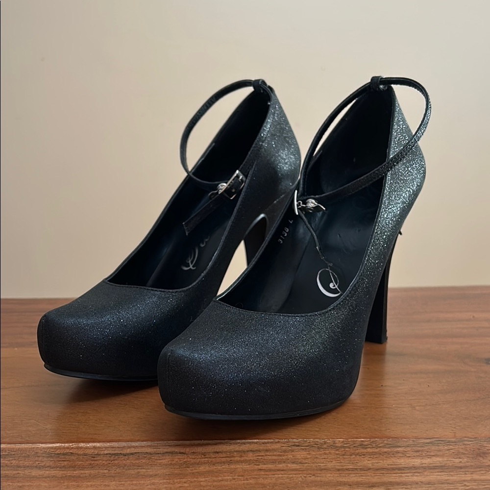 Black Glittery High Heels with Snap Strap